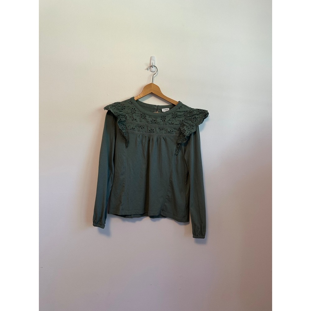 J. Crew Sage Green Eyelet Ruffle Long Sleeve Cotton Top Blouse | Size Medium